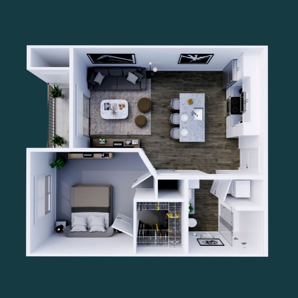 Dignified 1-bedroom, 1-bath apartment layout at CODA, showcasing a sleek, modern design in Nashville's vibrant Wedgewood Houston area.