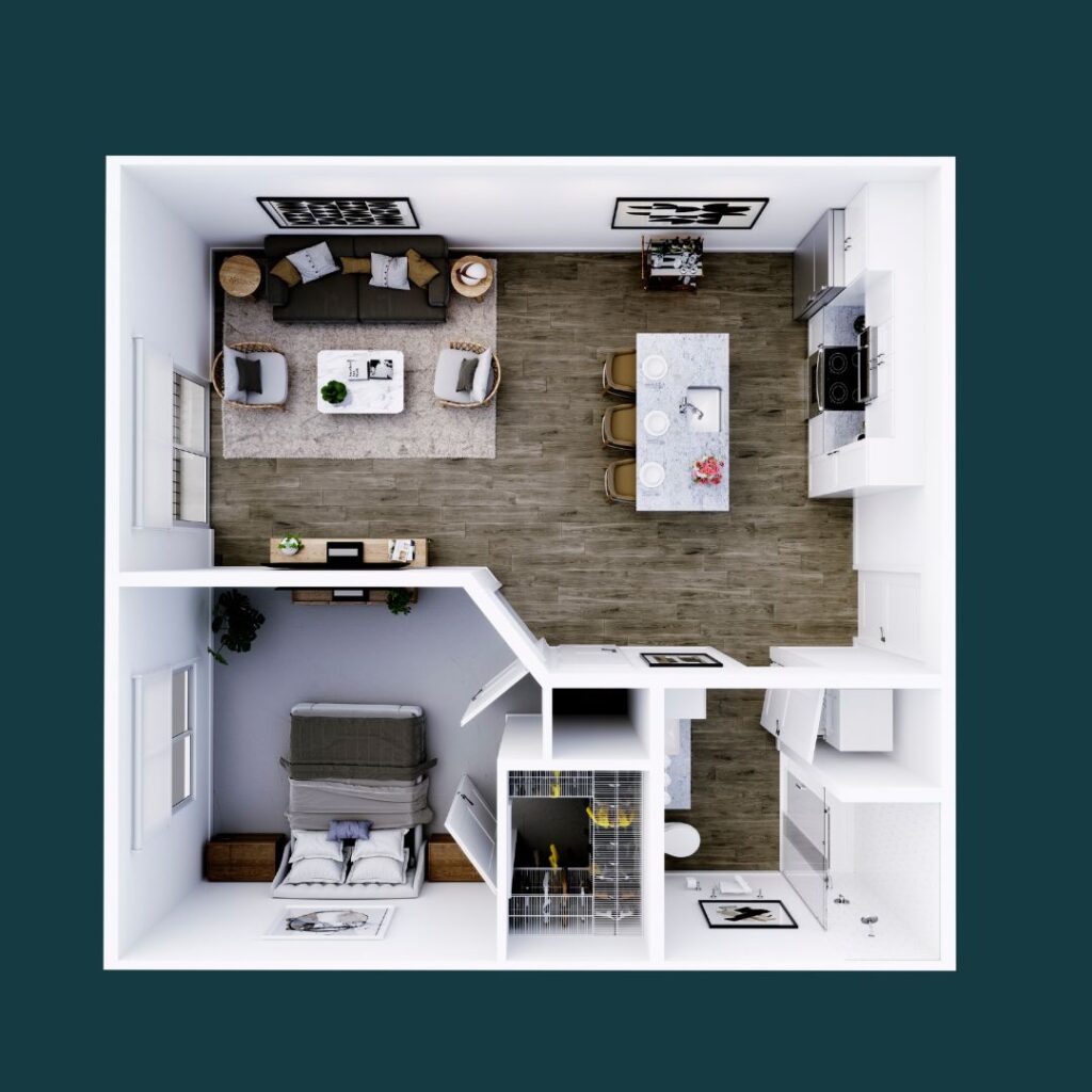 Authentic 1-bedroom, 1-bath floorplan at CODA, luxury living in Nashville's artistic Wedgewood Houston neighborhood, with smart, stylish interiors.