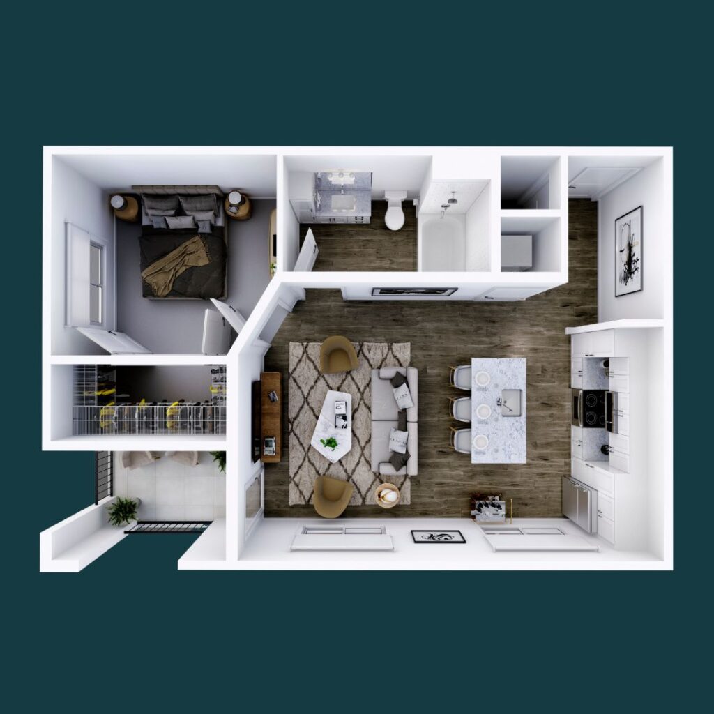 Organic 1-bedroom, 1-bath floorplan at CODA, Nashville, featuring natural light and open spaces, perfect for the modern lifestyle.