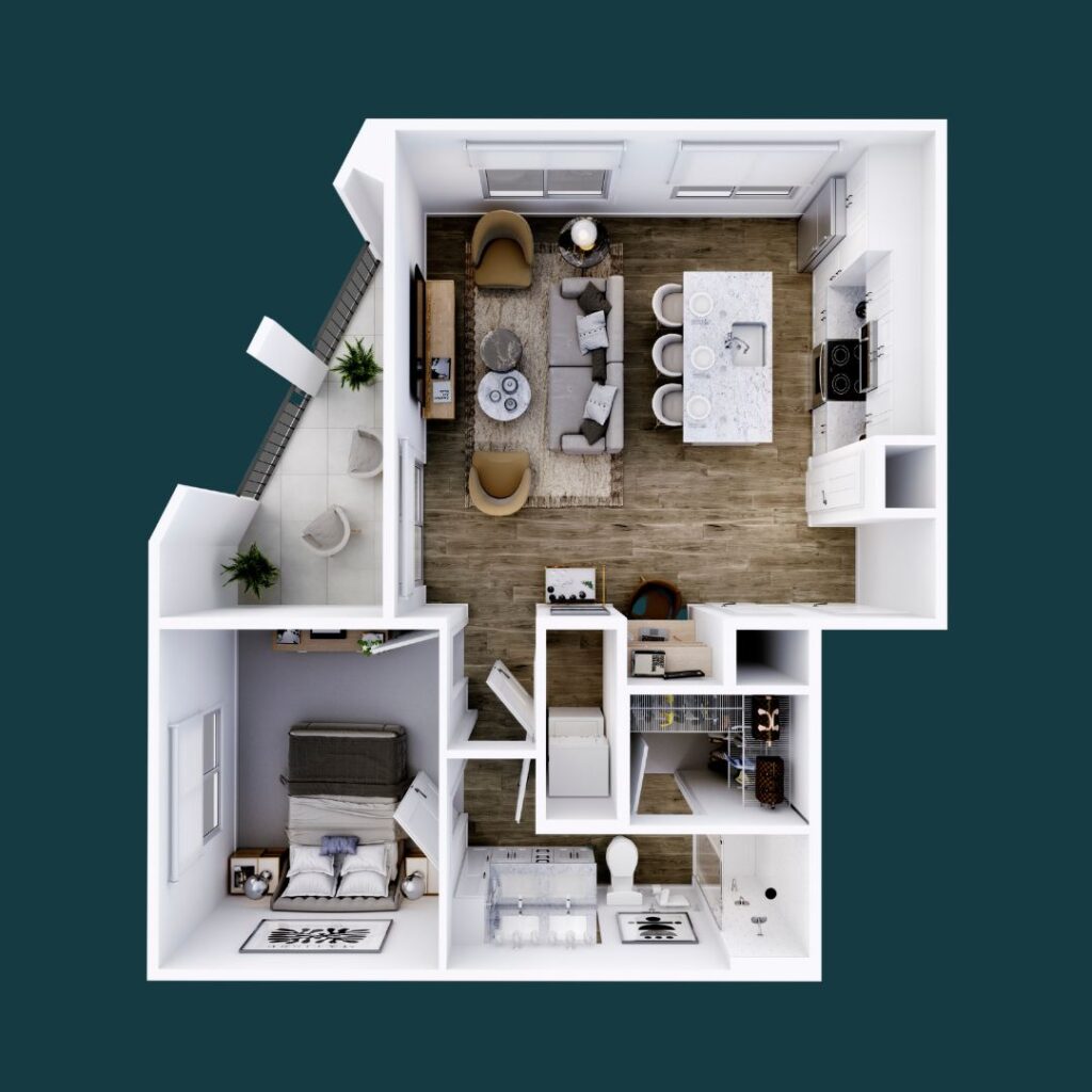 Alternative 1-bedroom, 1-bath apartment layout at CODA, located in the culturally rich area of Wedgewood Houston, Nashville, ideal for creative individuals.