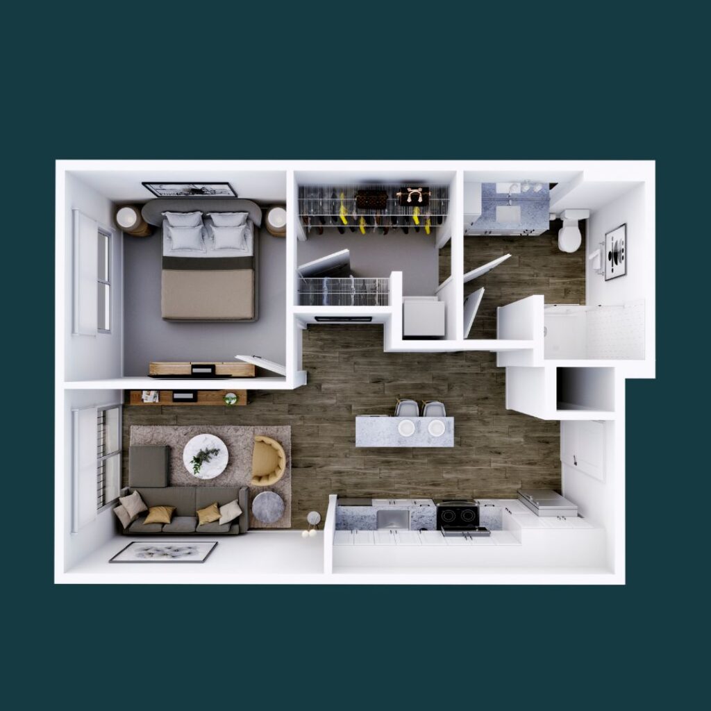 Oliver 1-bedroom, 1-bath floorplan at CODA, offering a unique blend of luxury and contemporary design in Nashville's Wedgewood Houston.