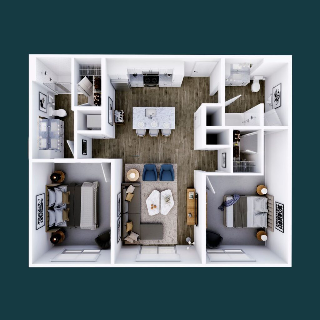 Album 2-bedroom, 2-bath apartment layout at CODA, Nashville, designed for sophistication and functionality in the lively Wedgewood Houston district.