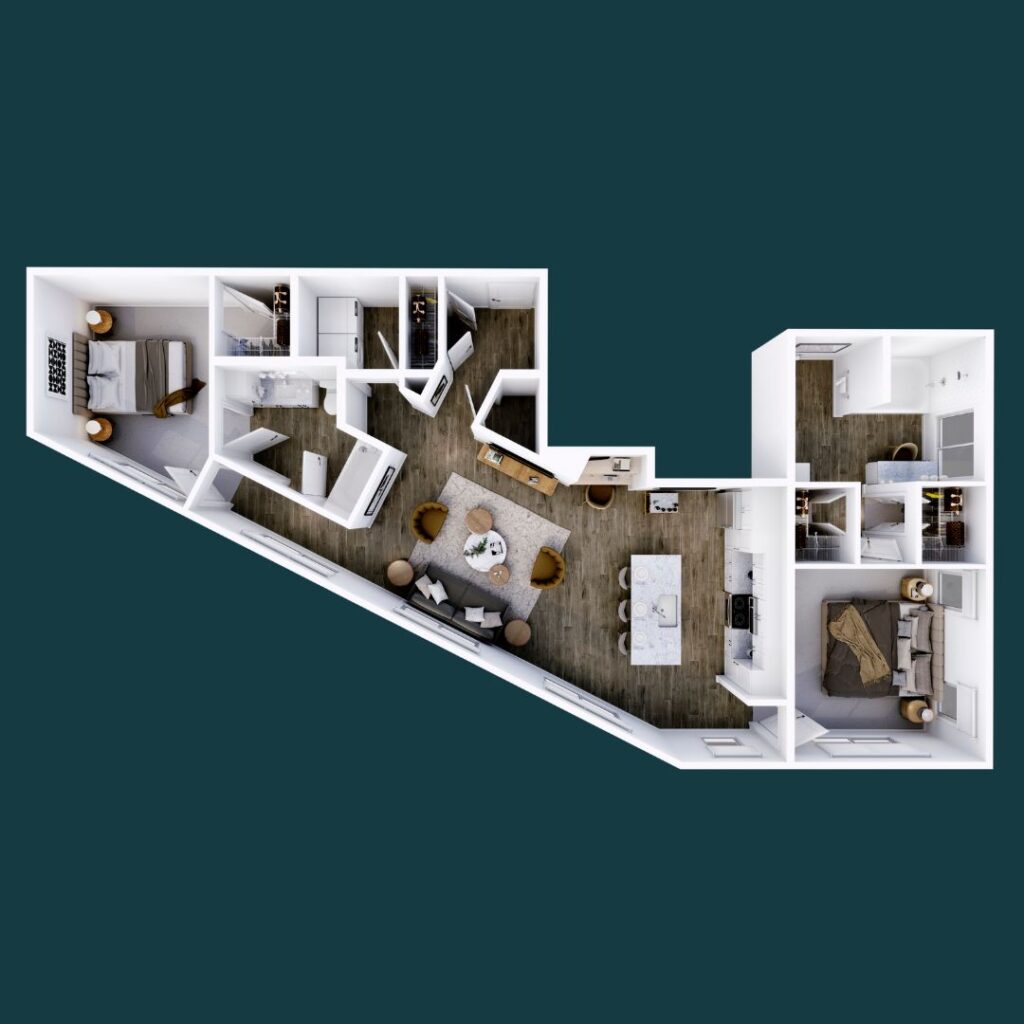 Dreamy 2-bedroom, 2-bath floorplan at CODA, featuring luxurious living spaces and modern amenities in Nashville's Wedgewood Houston neighborhood.