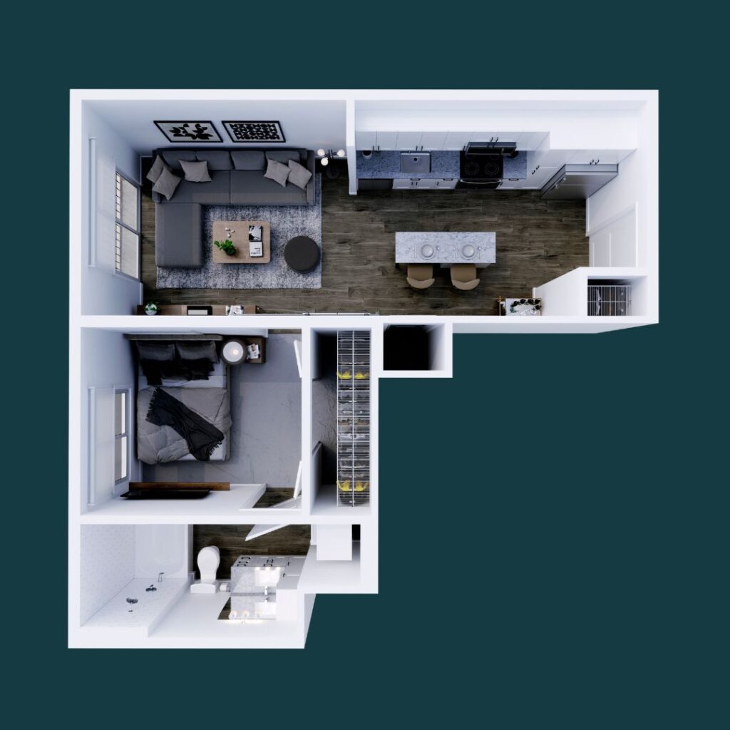 Odin 1-bedroom, 1-bath apartment layout at CODA in Wedgewood Houston, Nashville, highlighting efficient use of space and contemporary design.