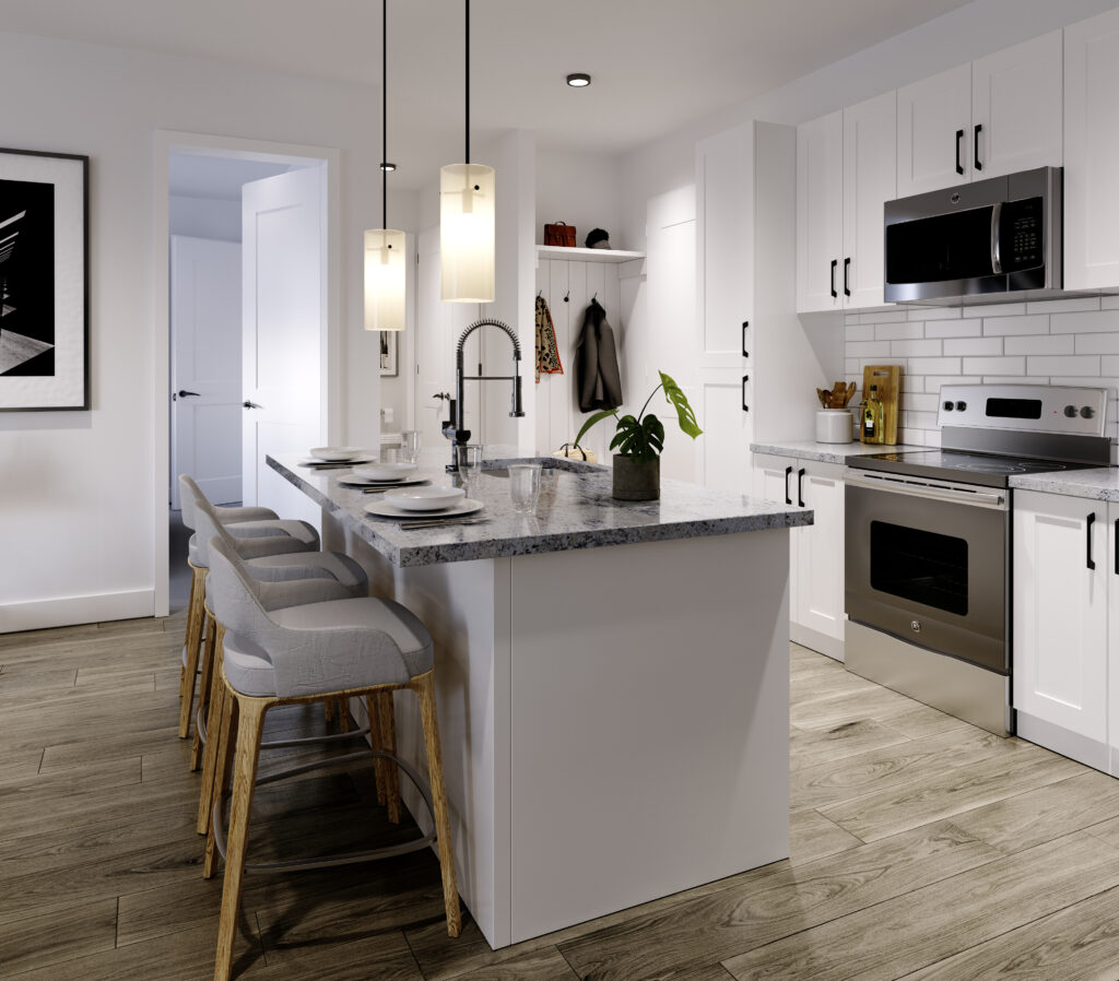 Modern kitchen in the Chillwave floorplan at CODA, featuring granite countertops and stainless steel appliances, designed for a luxurious culinary experience in Nashville.